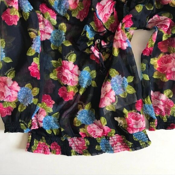 Abercrombie Kids blouse top Girls L Large light floral navy pink smocked hem - Picture 9 of 9